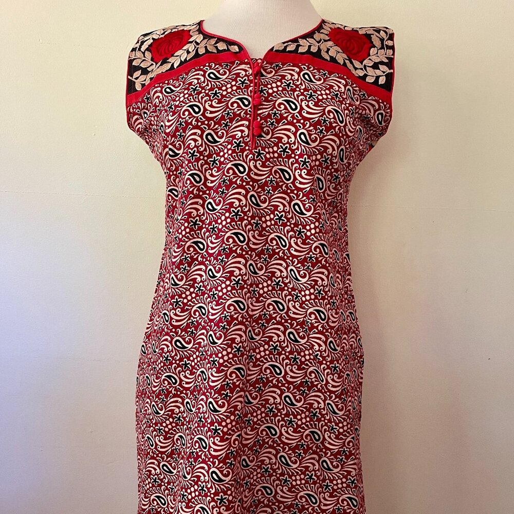 Cotton India Blockprint Embroidered Tunic Dress Roses & Paisley